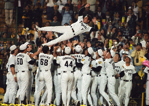 95年10月6日、ホーム最終戦で胴上げされる阪神・真弓明信