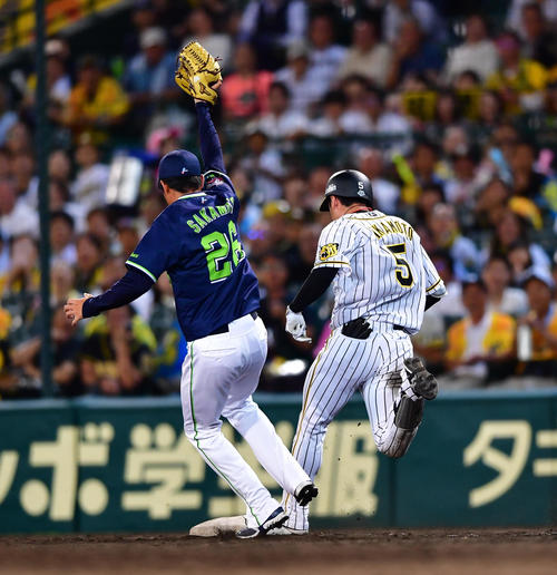 阪神対ヤクルト　8回裏阪神2死、一塁への内野安打でシーズン153安打を記録する近本（撮影・清水貴仁）