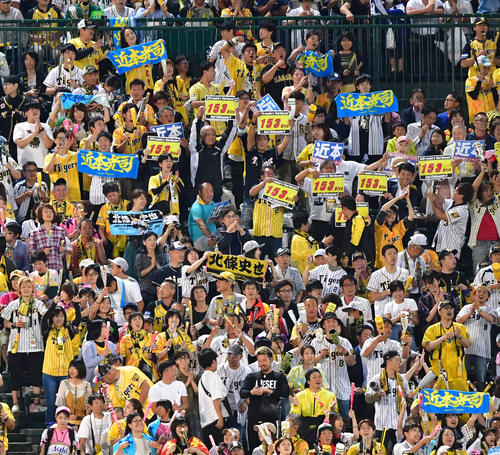 8回裏阪神2死、一塁への内野安打で153安打を記録した近本を祝福する阪神ファン（撮影・清水貴仁）