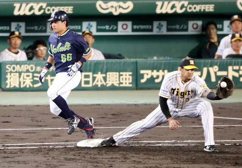 ヤクルト吉田は遊ゴロを放ち一塁判定はセーフとなる、右は阪神マルテ（撮影・加藤哉）
