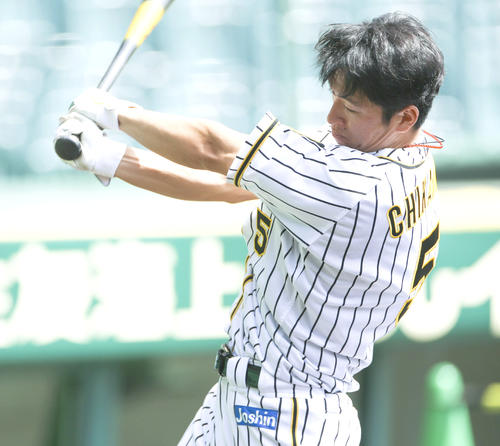 2019年9月20日　指名練習のティー打撃で汗を流す近本光司（撮影・上山淳一）