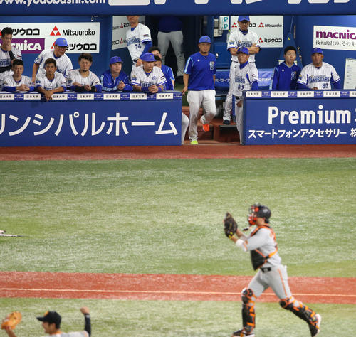 セ・リーグ優勝を決め喜び合う巨人ナインをじっと見つめるラミレス監督（右端）らDeNAナイン（撮影・河野匠）