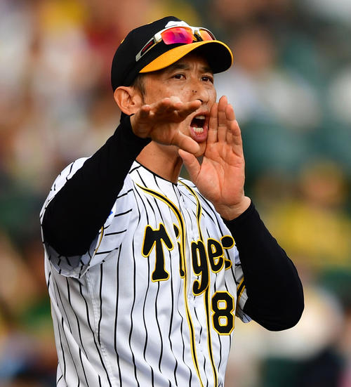 阪神対広島　選手交代を告げる矢野監督（撮影・清水貴仁）