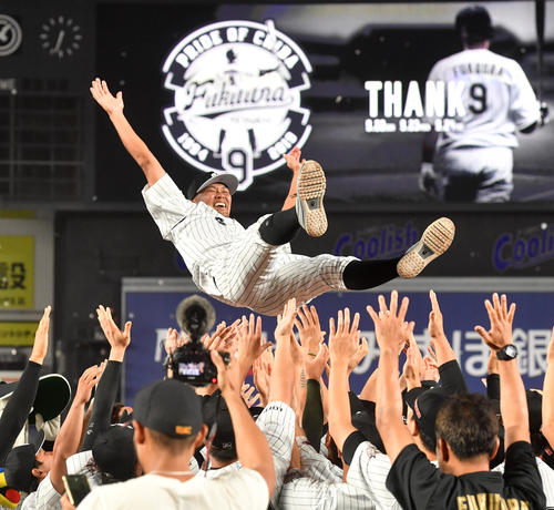 引退セレモニーでナインから胴上げされる福浦和也（撮影・柴田隆二）