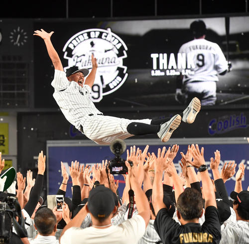 引退セレモニーでナインから胴上げされる福浦和也（撮影・柴田隆二）