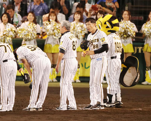 阪神対巨人　巨人に勝利しファンに一礼した矢野監督は、鋭い眼光が光らせ残り試合全勝を目指す（撮影・加藤哉）