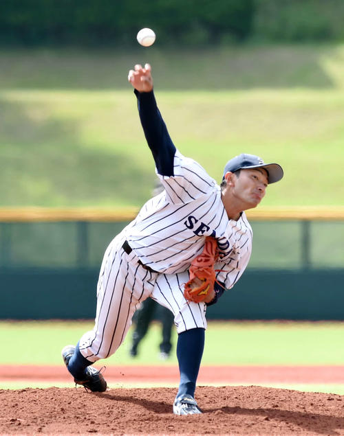 仙台大対東北工大　5回を無失点に抑えた仙台大・稲毛田