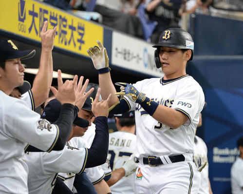 オリックス対ソフトバンク　5回裏オリックス1死、本塁打を放ちナインに迎えられる吉田正（撮影・渦原淳）