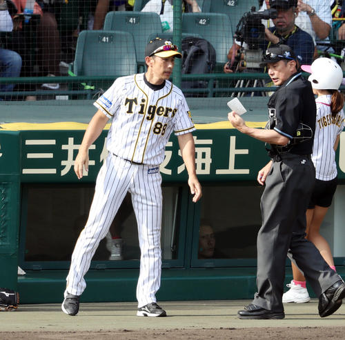 阪神対中日　3回、選手交代を告げる矢野監督（撮影・前田充）