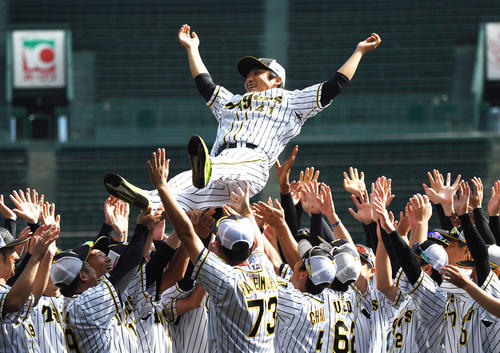 引退する高橋聡はナインに胴上げされる（撮影・奥田泰也）
