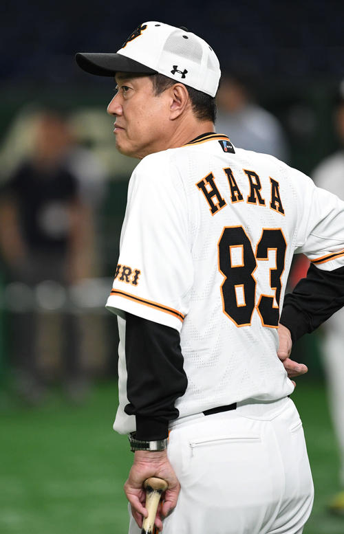 試合形式のノックを見守る巨人原監督（撮影・山崎安昭）