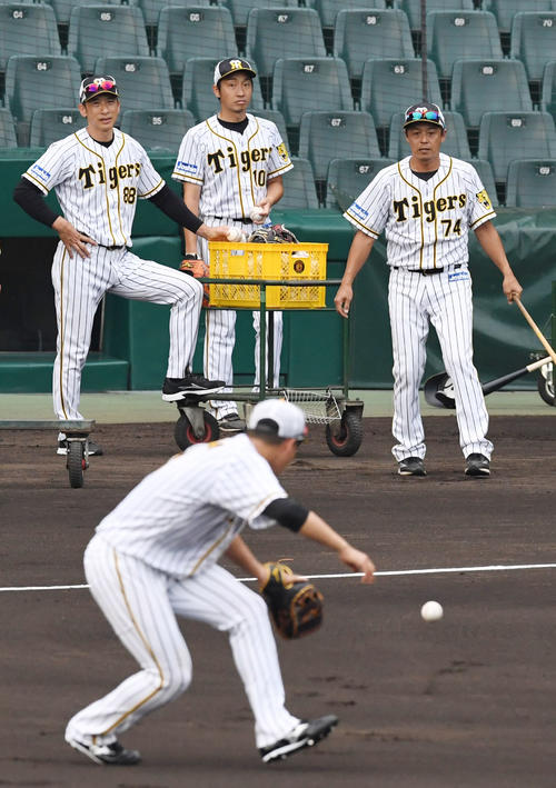 ノックを受ける大山（手前）を見る矢野監督（左）（撮影・奥田泰也）