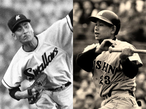 国鉄時代の金田正一氏（左）と阪神吉田義男氏
