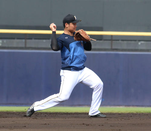 鎌ケ谷で秋季練習に参加し、ノースロー調整でノックを受ける日本ハム清宮（撮影・木下大輔）