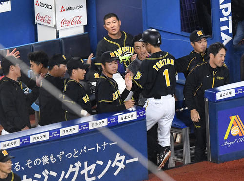 DeNA対阪神　4回ベンチに引き揚げる鳥谷敬はナインとタッチを交わす（撮影・奥田泰也）