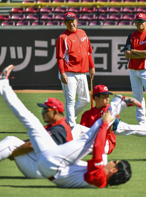 秋季練習を見守る広島の佐々岡新監督（奥）（共同）