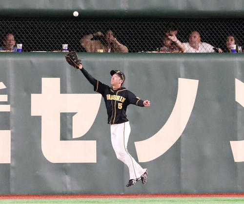 7回裏巨人1死、近本は亀井の飛球を好捕する（撮影・加藤哉）