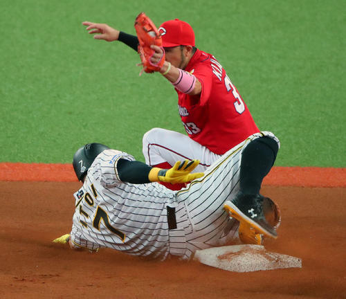 8月9日、広島戦の2回、阪神糸井は二盗死の際に左足を負傷し交代となる。二塁カバーは菊池涼