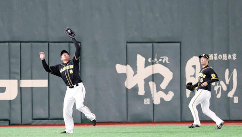 1回裏巨人1死、福留は坂本勇の天井直撃左飛を捕球する、右は近本（撮影・加藤哉）