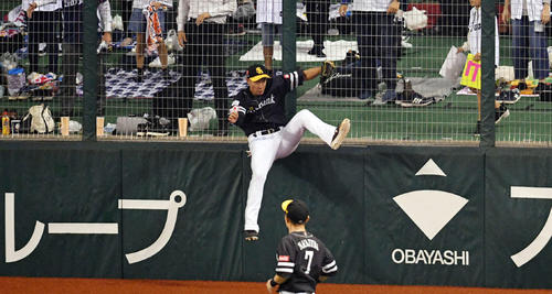 西武対ソフトバンク　2回裏西武1死、栗山の打球を好捕しフェンスにぶつかる柳田（撮影・滝沢徹郎）