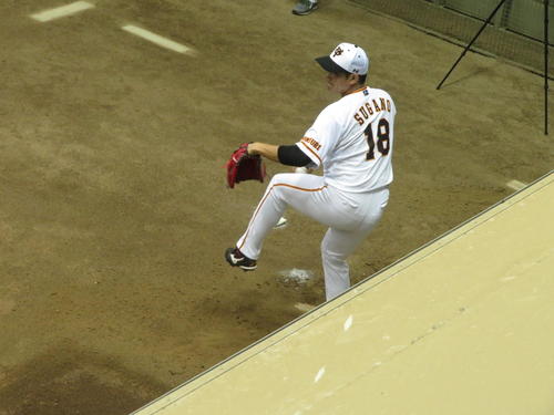 ジャイアンツ球場の室内ブルペンで投球する巨人菅野（撮影・久保賢吾）