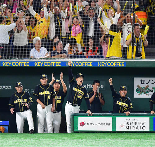 巨人対阪神　5回表阪神2死満塁、近本光司の走者一掃の逆転適時三塁打に右手を突き上げる矢野耀大監督（撮影・清水貴仁）