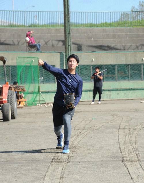 ドラフト前日、キャッチボールで汗を流すBC新潟・長谷川（撮影・斎藤慎一郎）