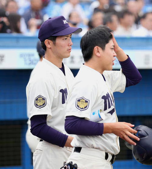 慶大対明大　ベンチから試合を見つめる明大・森下（左）（撮影・足立雅史）