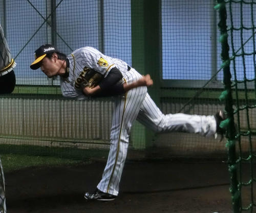 ブルペンで調整する藤浪（撮影・奥田隼人）