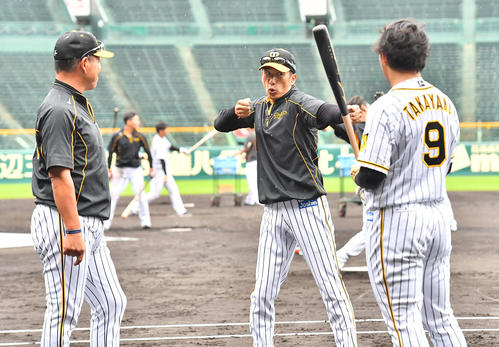 弓を引くポーズを交えながら高山俊に打撃指導をする矢野燿大監督。左は井上一樹打撃コーチ（撮影・上田博志）