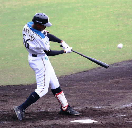フェニックスリーグ　日本ハム対中日戦　5回表無死一塁　左翼中段へ2ラン本塁打を放つ日本ハム万波（撮影・木下大輔）