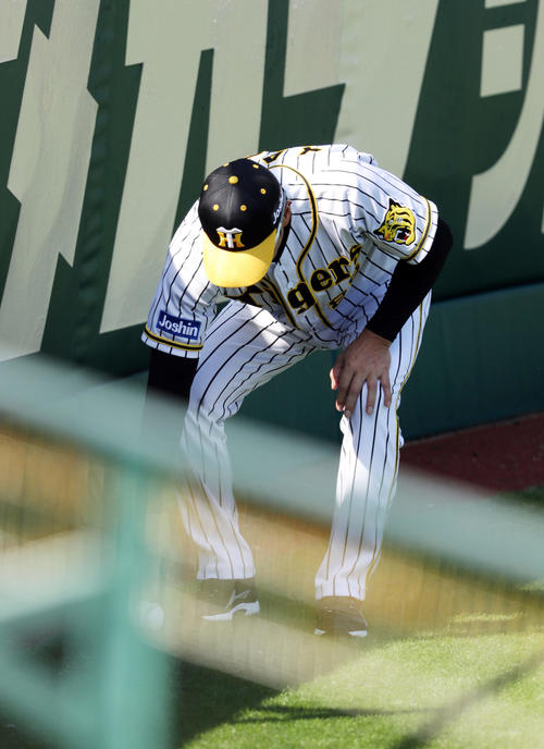 フリー打撃で外野に飛んできたボールを拾う阪神矢野監督（撮影・前田充）