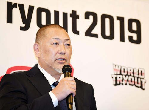 ワールドトライアウト2019の監督に就任し、意気込みを語る清原和博氏（撮影・横山健太）