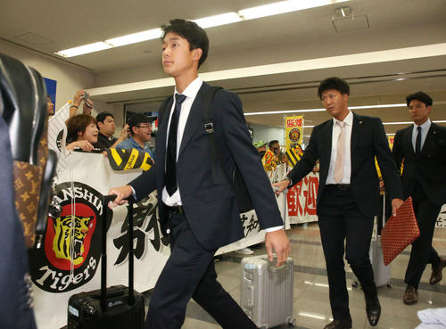 高知龍馬空港に到着した、左から小幡竜平、横山雄哉、藤浪晋太郎（撮影・上山淳一）