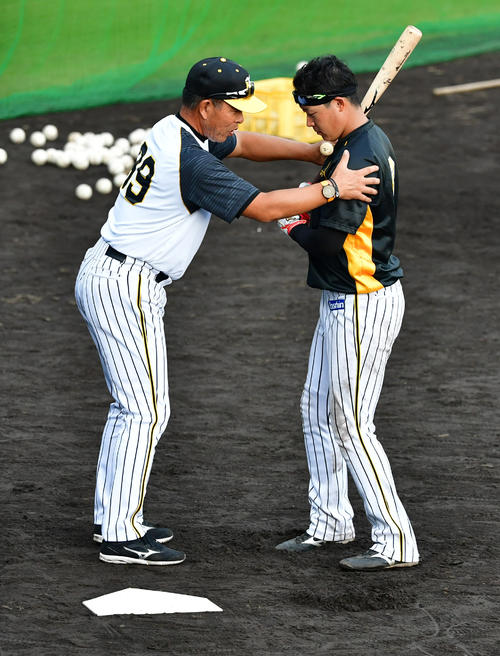 ロングティーを行う大山悠輔（右）を指導する井上一樹コーチ（撮影・清水貴仁）