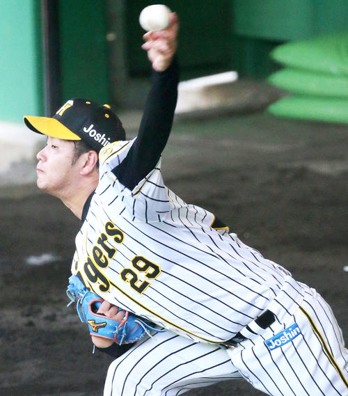 ブルペンで投げ込む高橋遥（撮影・上山淳一）