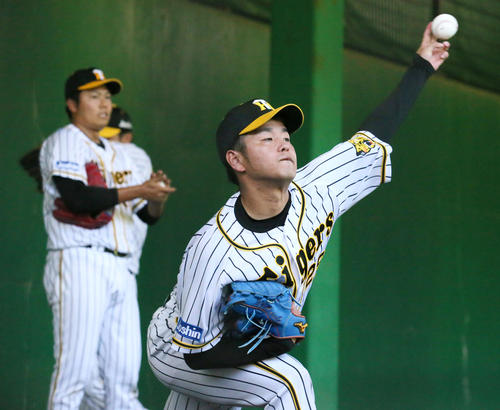キャンプイン初日、ブルペンで投げ込む高橋遥（撮影・上山淳一）