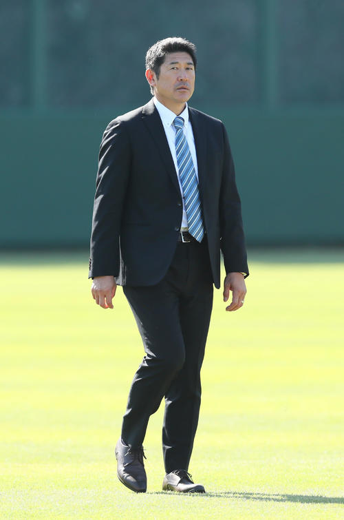 スーツ姿で練習を見つめる石井野手総合新コーチ（撮影・足立雅史）