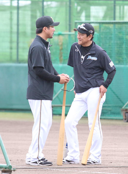 日本ハム栗山監督と小笠原ヘッド兼打撃コーチ（左）（2019年10月30日撮影）