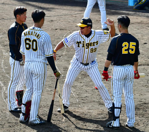 井上コーチ（左から3人目）から指導を受ける選手たち。左から陽川、中谷、ひとり置いて江越（撮影・清水貴仁）
