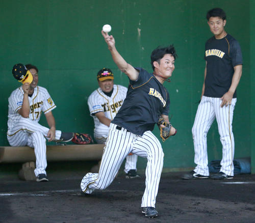ブルペンで投球する藤浪（撮影・上山淳一）