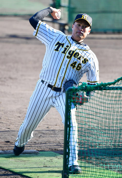 野手の特打で打撃投手を務める秋山拓巳（撮影・清水貴仁）