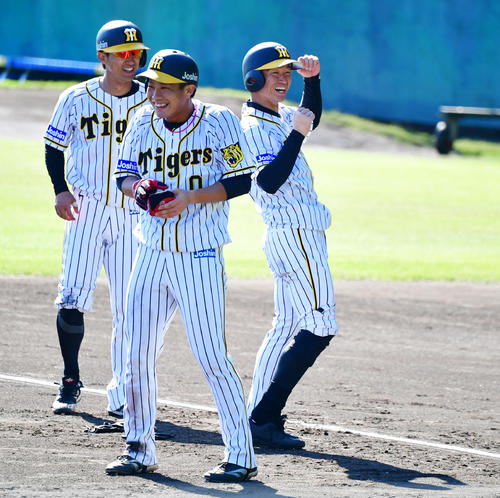 走塁練習中、飛んできた打球に驚く、右から近本、木浪、上本（撮影・清水貴仁）