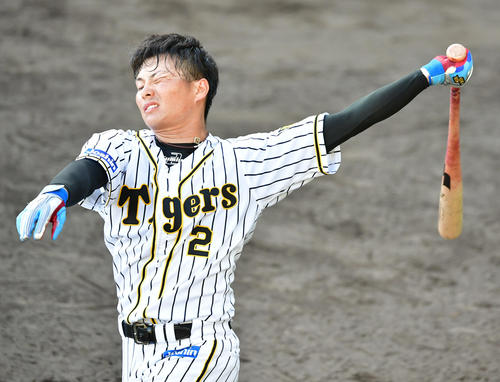 ロングティーを行う阪神北條史也（撮影・清水貴仁）