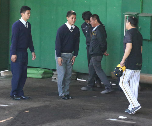 ブルペンで山本昌臨時コーチ（右）にあいさつする（左から）ドラフト2位の履正社・井上、同1位の創志学園・西（撮影・上山淳一）