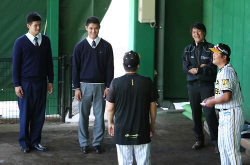 ブルペンで山本昌臨時コーチ（手前左）と話す（左から）ドラフト2位の履正社・井上、ドラフト1位の創志学園・西（撮影・上山淳一）