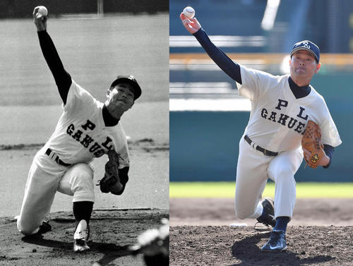 85年4月、力投するPL学園・桑田（左）とマスターズ甲子園の利根商戦で、34年ぶりに甲子園のマウンドで投げる桑田真澄氏