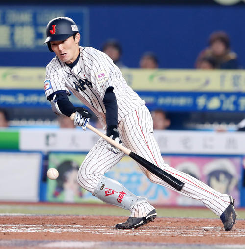 日本対オーストラリア　7回裏日本2死三塁、源田は三塁線にバントを決める（撮影・加藤哉）