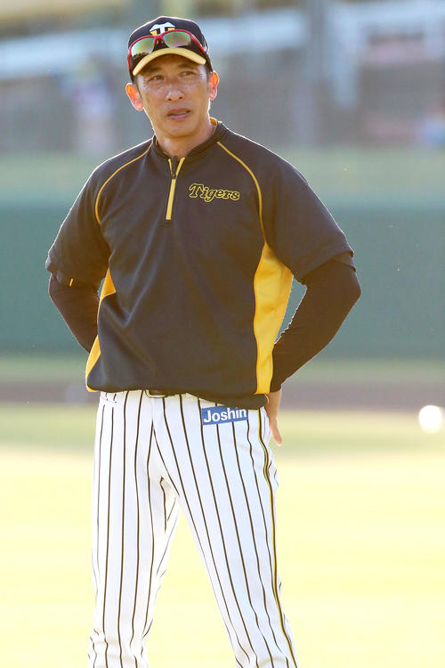 夕暮れのサブグラウンドで個別練習するナインを見る矢野監督（撮影・上山淳一）