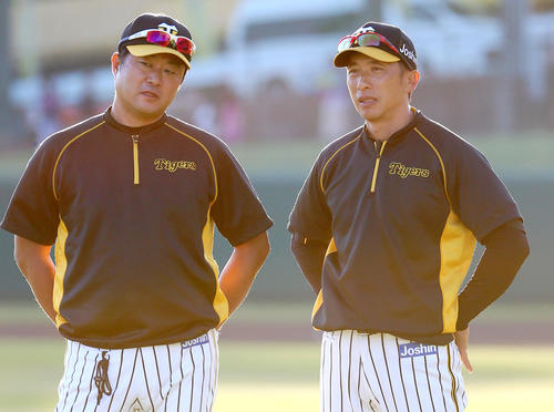 安藤育成コーチ（左）と話す矢野監督（撮影・上山淳一）